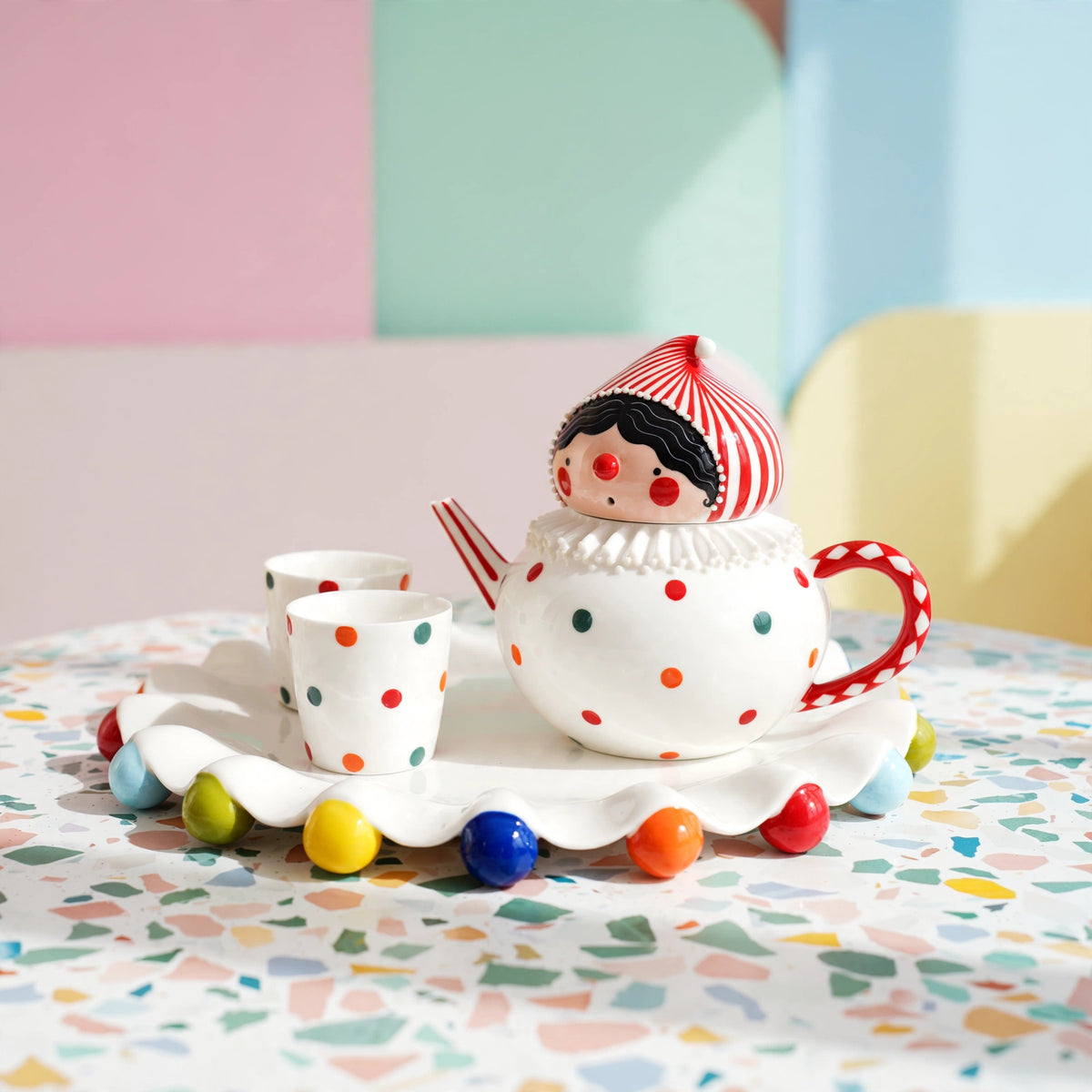 Handmade polka dot ceramic tea set detail