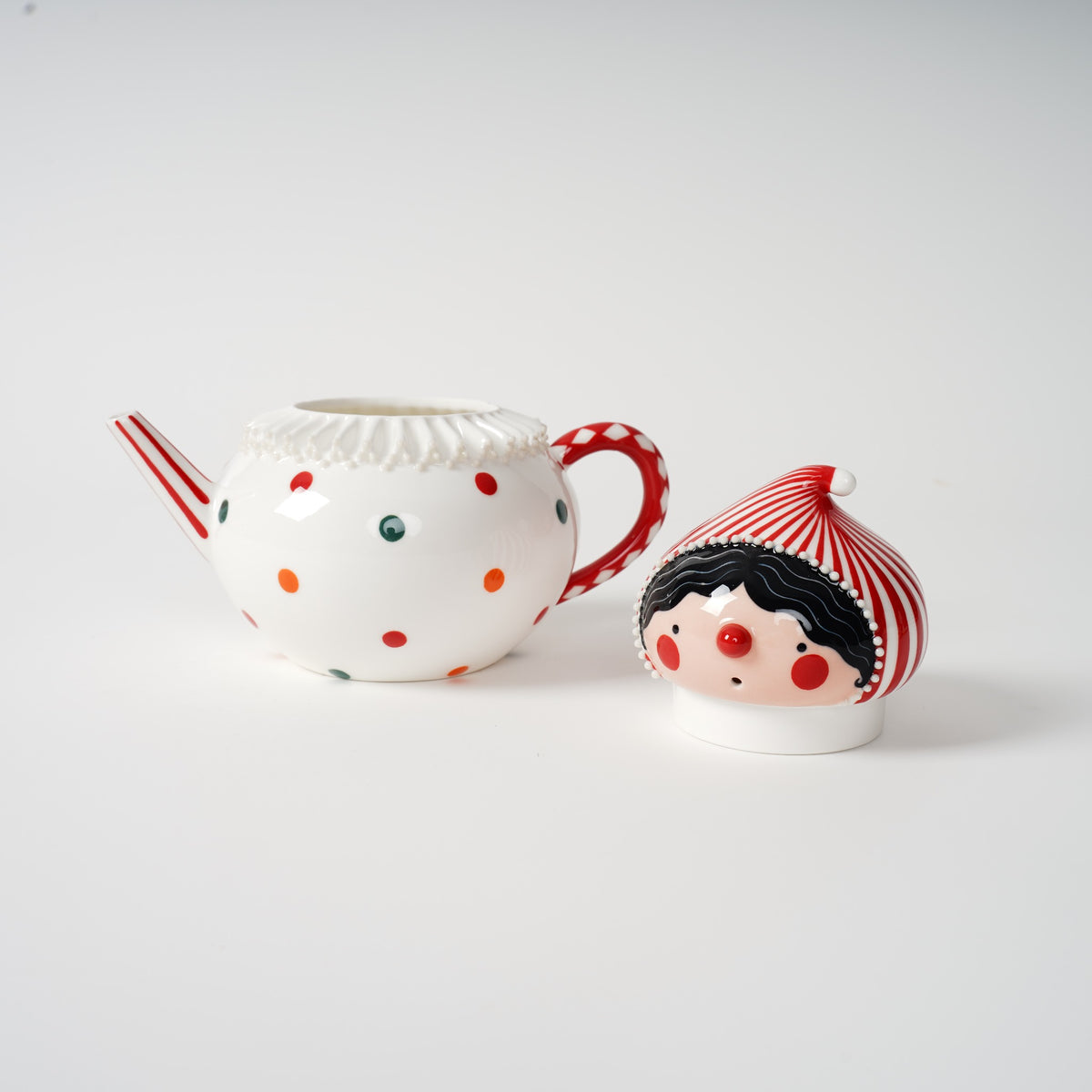 Handmade polka dot ceramic tea set detail