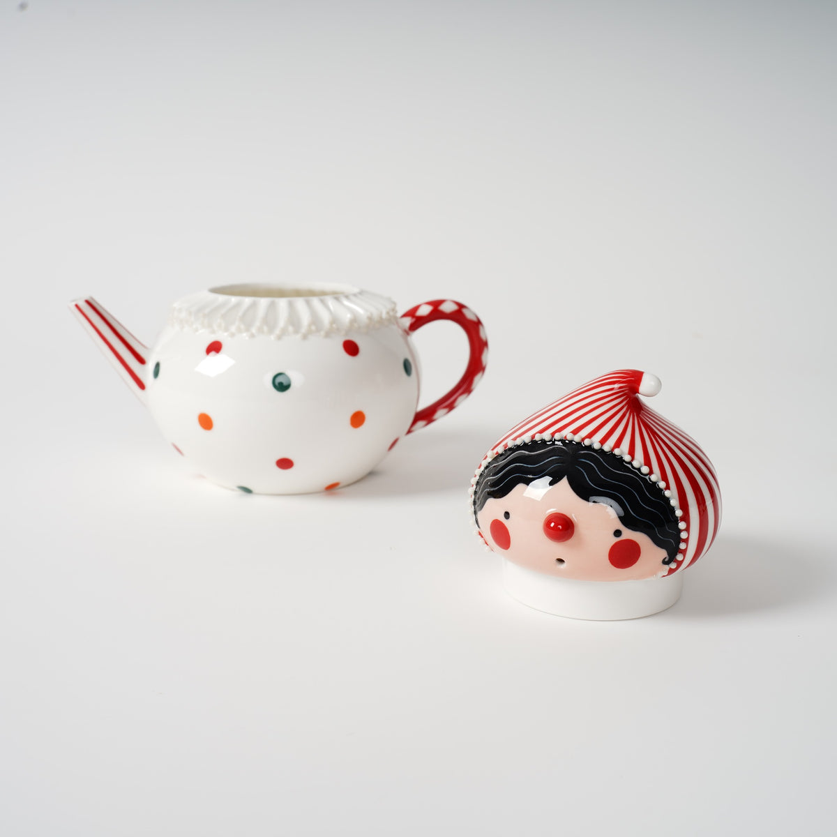 Handmade polka dot ceramic tea set detail