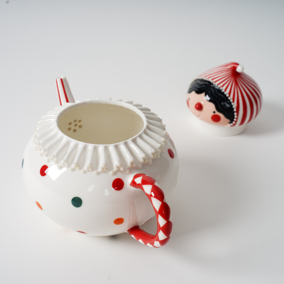 Handmade polka dot ceramic tea set detail