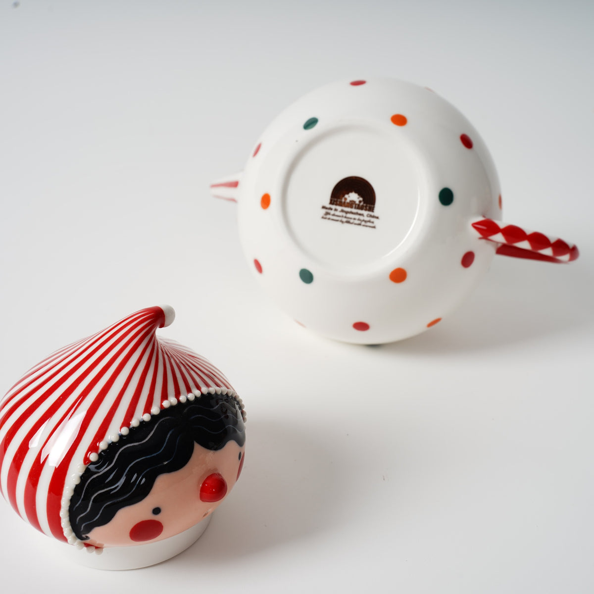 Handmade polka dot ceramic tea set detail