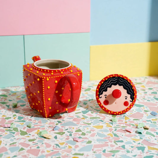 Handmade red square ceramic teapot with character face lid