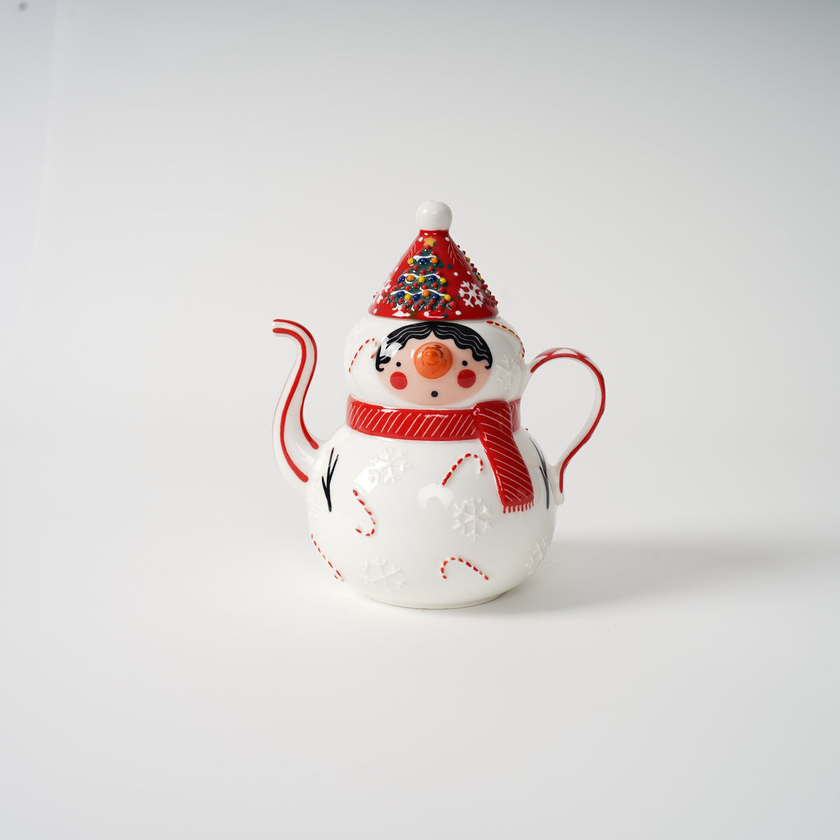 Hand-painted snowman ceramic tea set detail