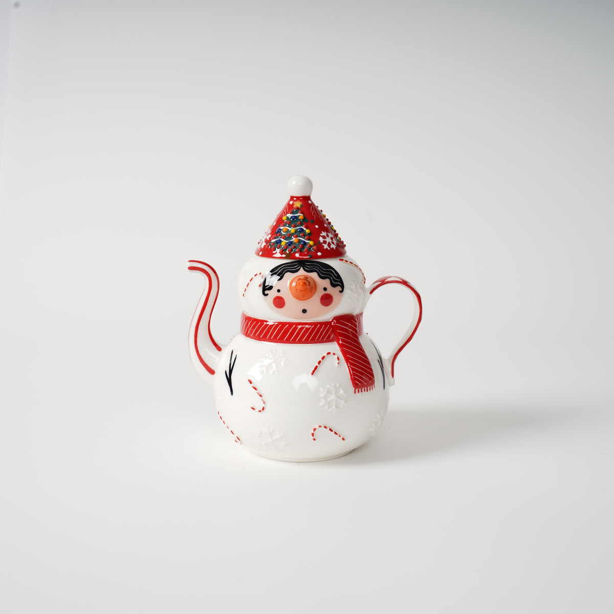 Hand-painted snowman ceramic tea set detail