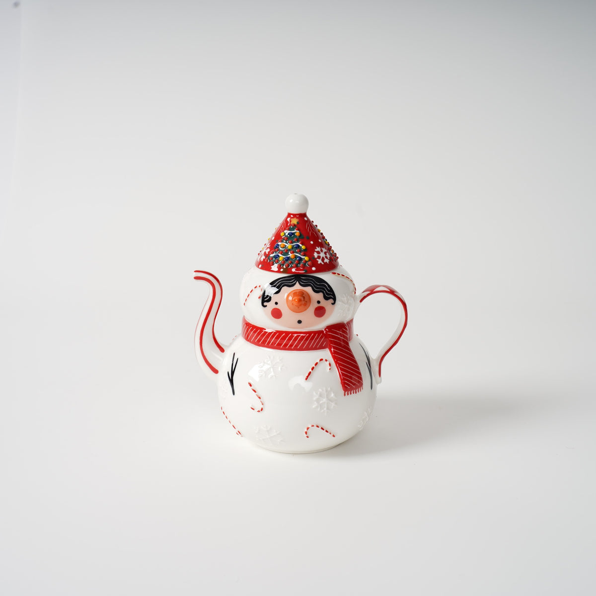 Hand-painted snowman ceramic tea set detail
