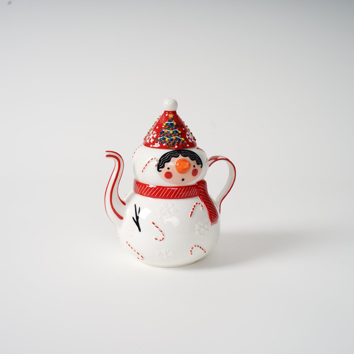 Hand-painted snowman ceramic tea set detail