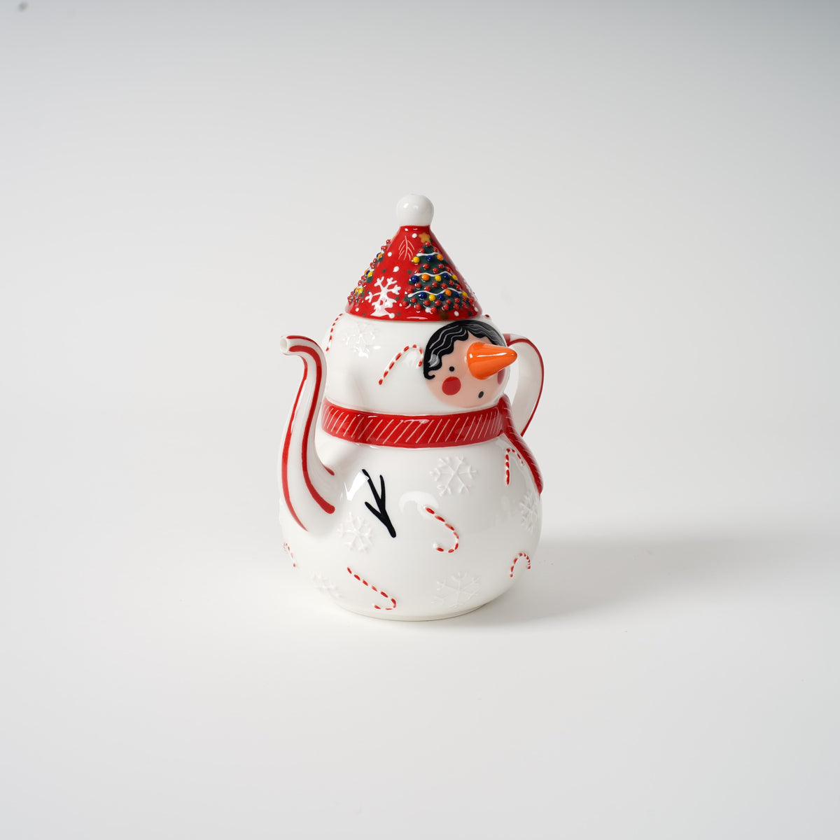 Hand-painted snowman ceramic tea set detail
