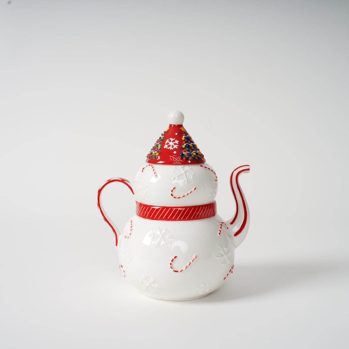 Hand-painted snowman ceramic tea set detail