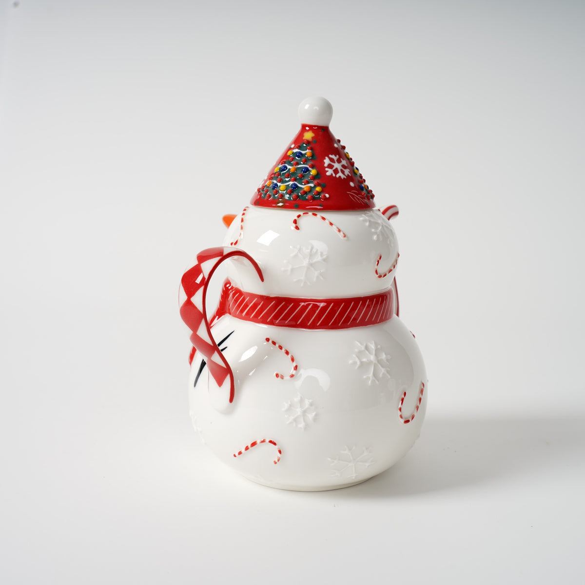 Hand-painted snowman ceramic tea set detail