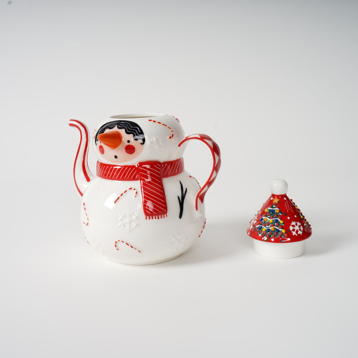 Hand-painted snowman ceramic tea set detail
