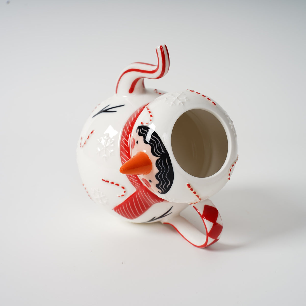 Hand-painted snowman ceramic tea set detail
