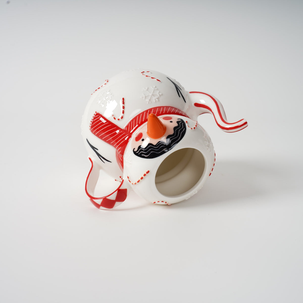 Hand-painted snowman ceramic tea set detail