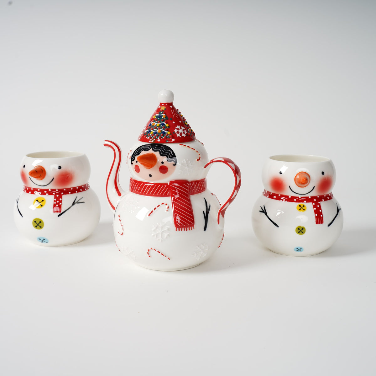 Hand-painted snowman ceramic tea set detail