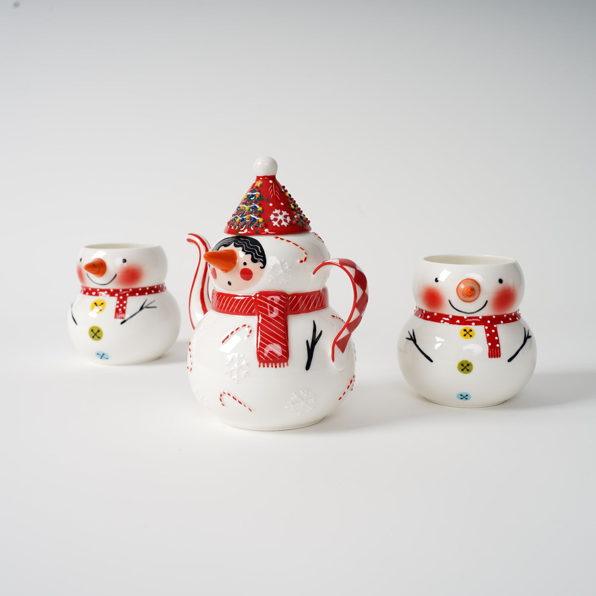 Hand-painted snowman ceramic tea set detail